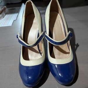Retro Blue And Cream Platform Heels